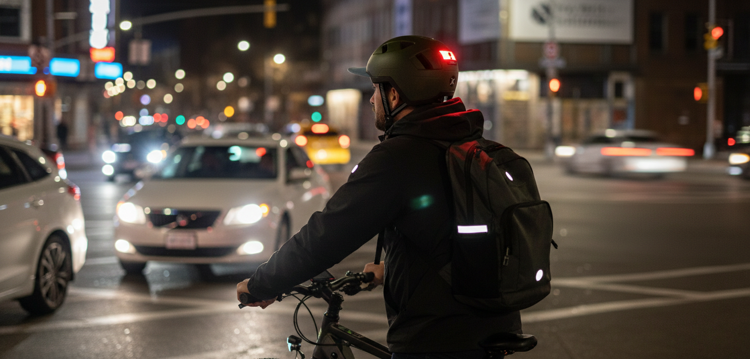 A night street photo of an eBike rider stopped at an intersection, with the XNITO helmet’s rear light on
