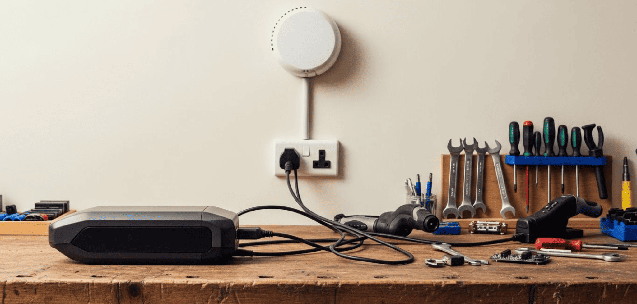 An eBike battery charging on a workbench with a smoke detector visible in the background