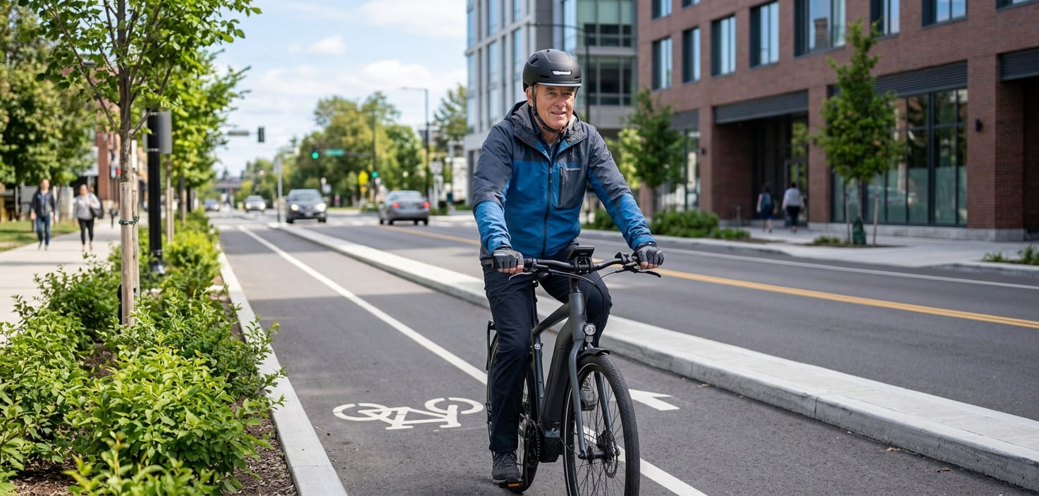 An older eBike rider wearing an XNITO helmet on a bike lane