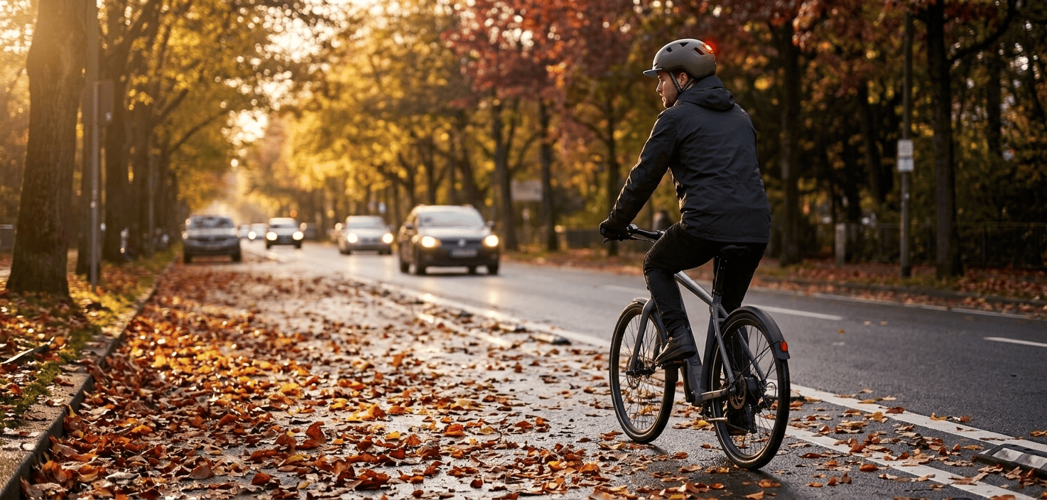 Autumn street scene showing an eBike rider wearing an XNITO helmet riding through a bike lane with wet leaves on the pavement, and light traffic nearby