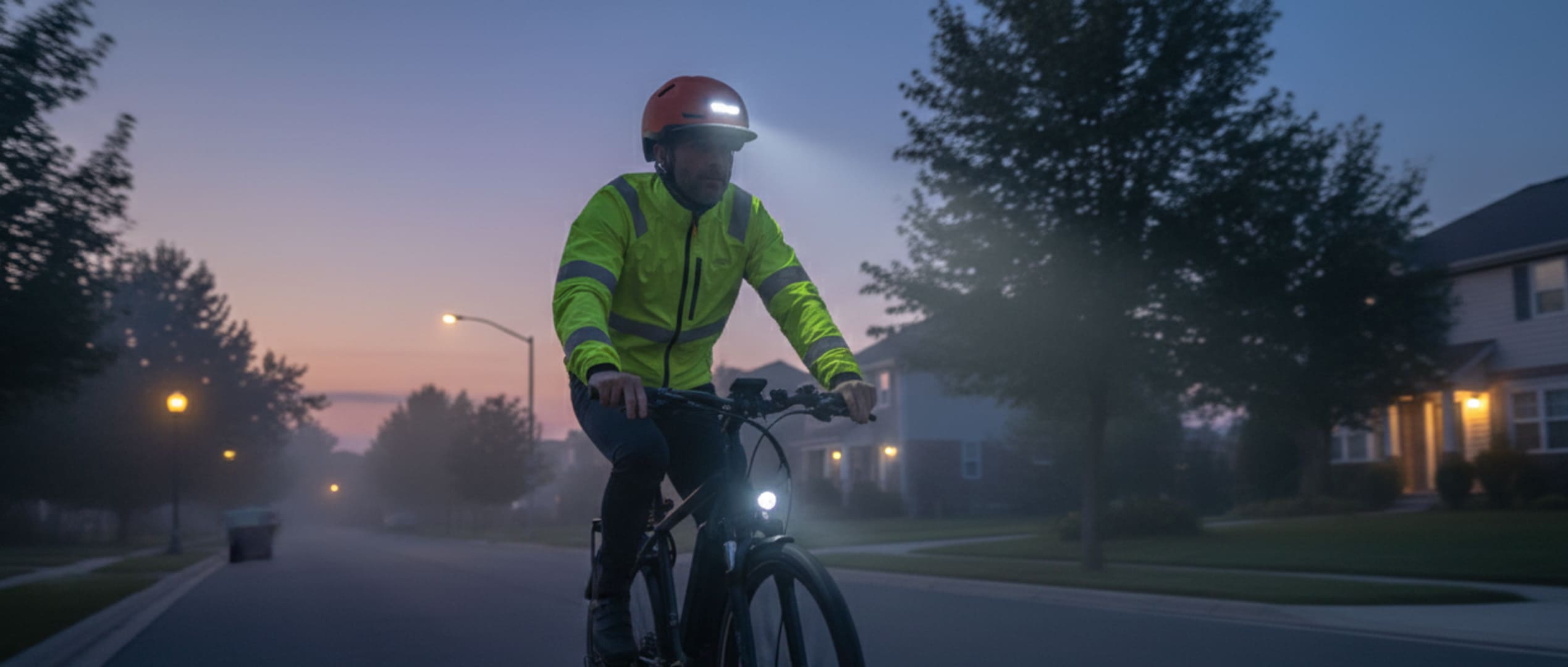 Cyclist wearing a high-visibility helmet and jacket at dawn for safer riding