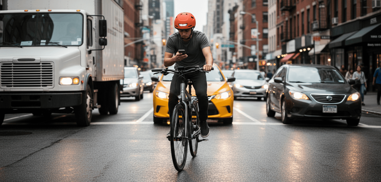 Distracted eBike Rider Using a Phone in City Traffic