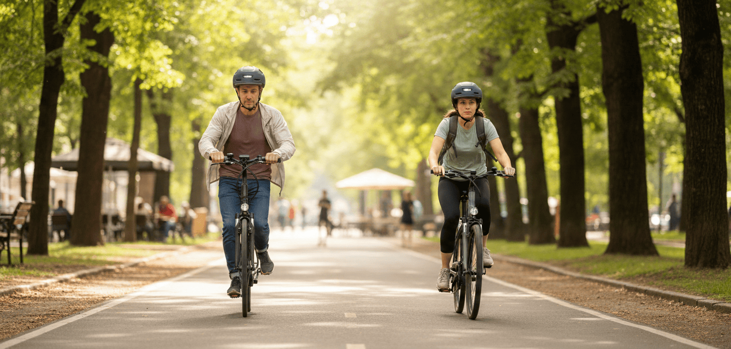 E-bike riders on a shared bike path wearing XNITO helmets