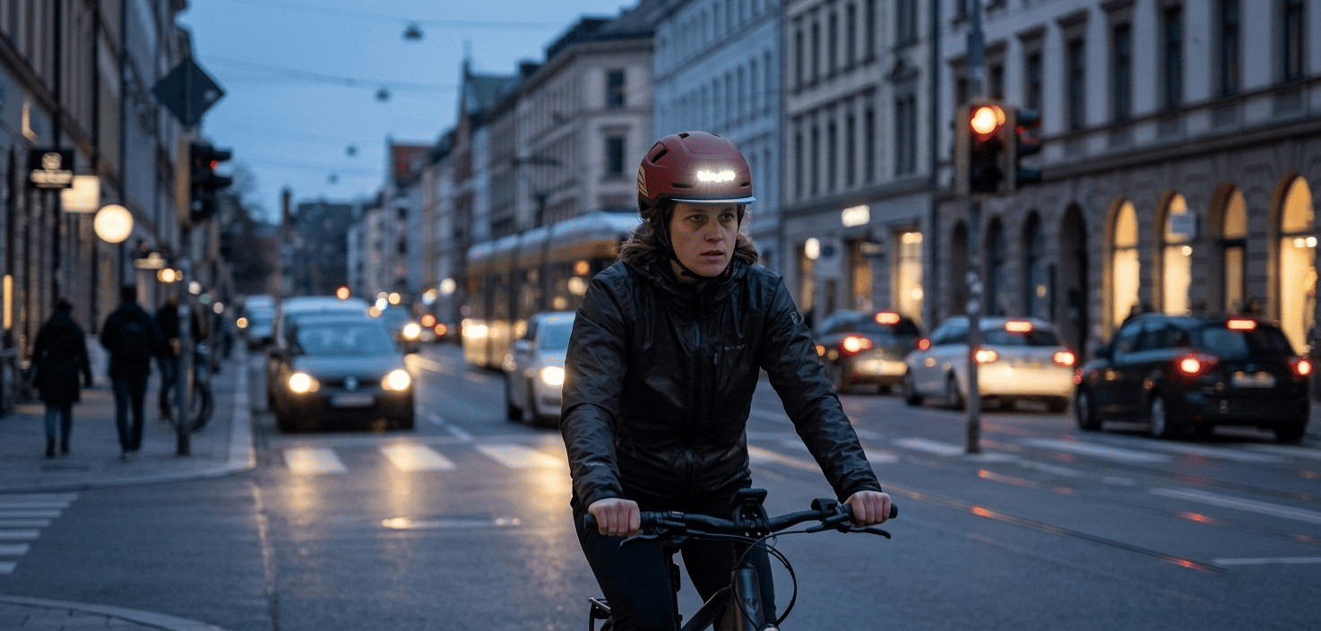 Evening urban riding scene showing an eBike rider approaching an intersection while appearing mentally fatigued but still alert while wearing an XNITO helmet