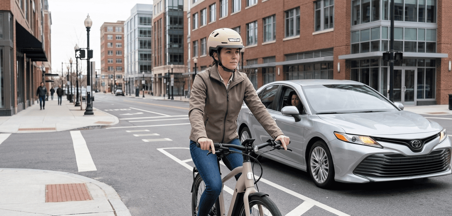 New eBike rider wearing an XNITO helmet approaching an intersection cautiously