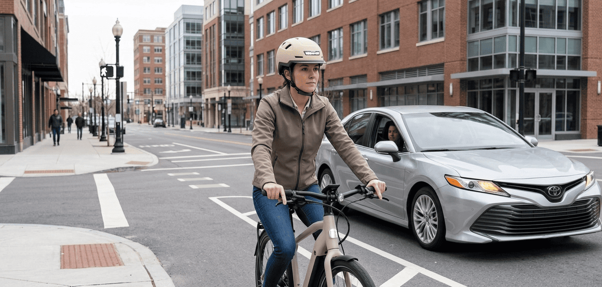 New eBike rider wearing an XNITO helmet approaching an intersection cautiously
