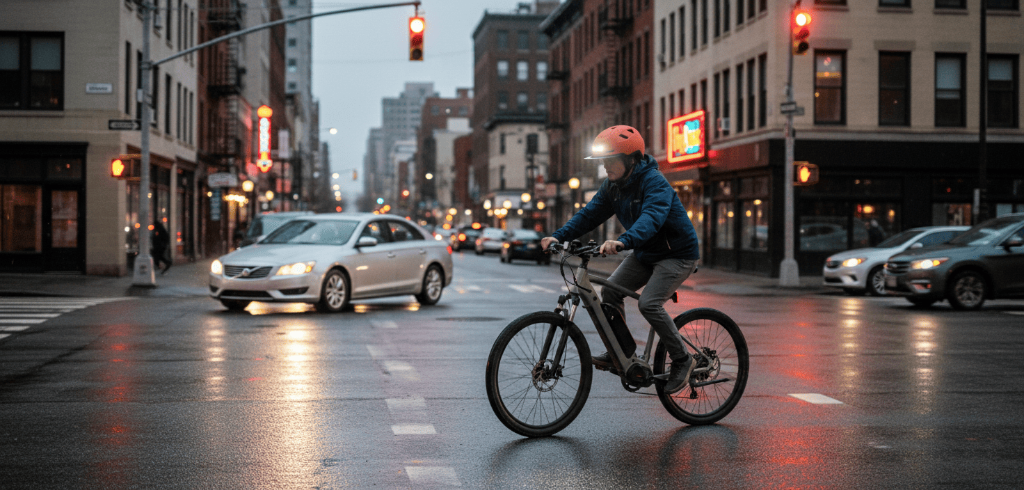 Photo of an eBike rider approaching a city intersection at dusk, wearing an XNITO helmet
