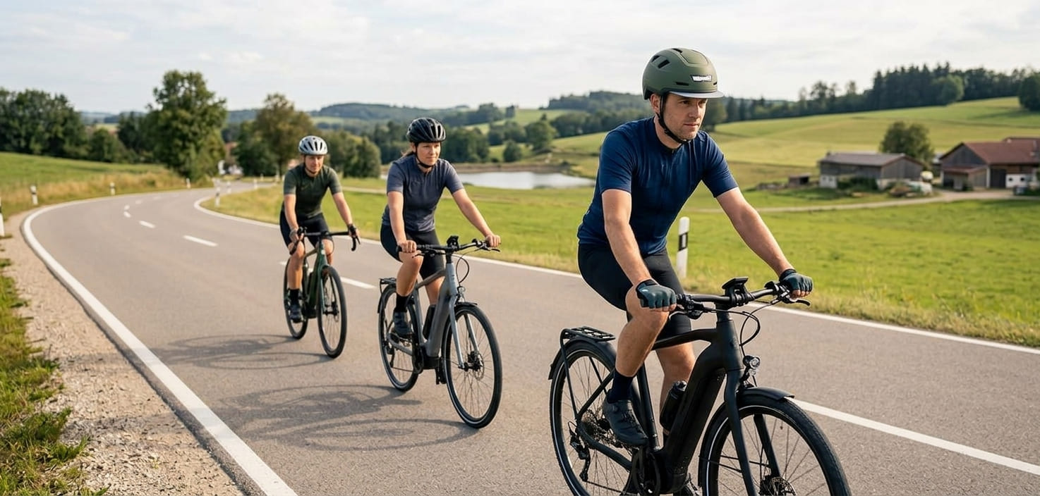Small group of eBike riders traveling together. The lead rider wearing an XNITO helmet