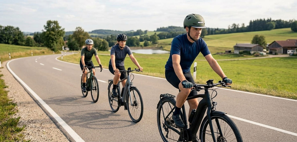 Small group of eBike riders traveling together. The lead rider wearing an XNITO helmet