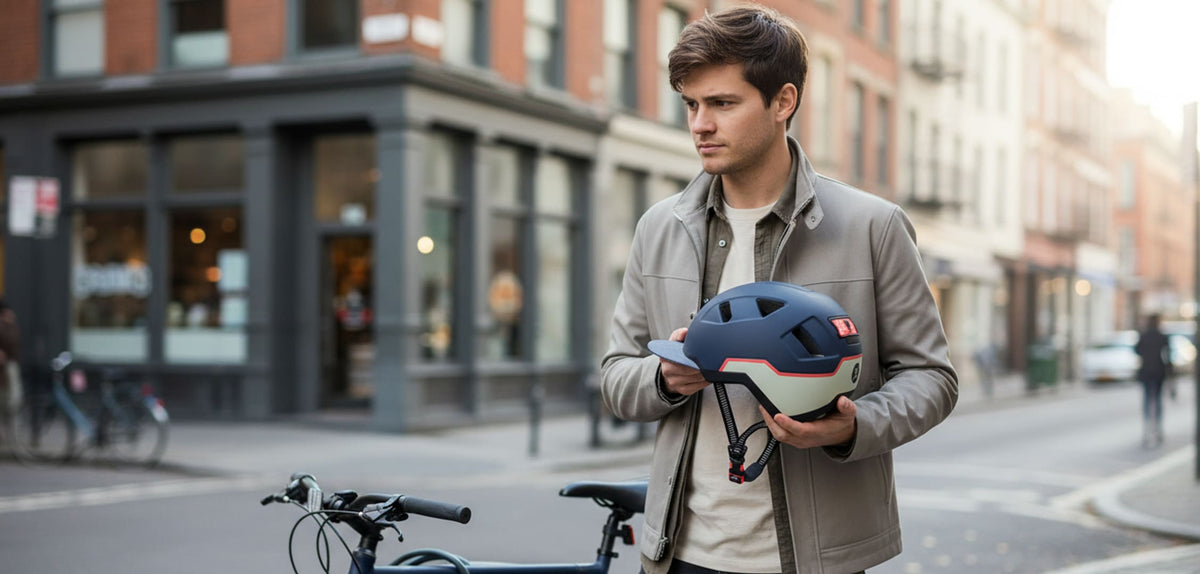 Urban cyclist holding an XNITO eBike helmet on a city street