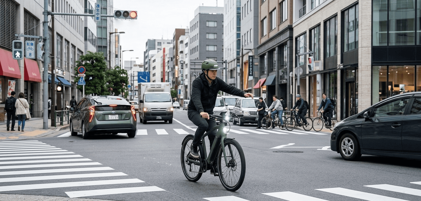 Urban intersection scene showing an eBike rider wearing an XNITO helmet beginning to cross while nearby vehicles prepare to turn