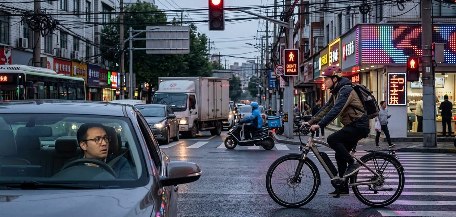 Urban intersection showing an eBike rider wearing an XNITO helmet approaching while a driver looks toward the cyclist but is distracted by surrounding traffic and visual clutter