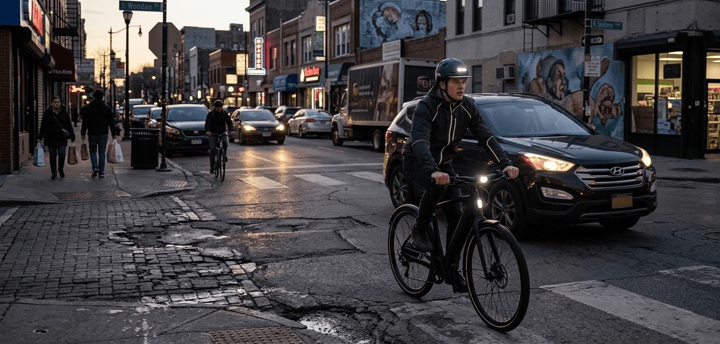 Urban street scene showing an eBike rider wearing an XNITO helmet approaching a complex hazard