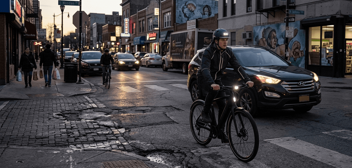Urban street scene showing an eBike rider wearing an XNITO helmet approaching a complex hazard