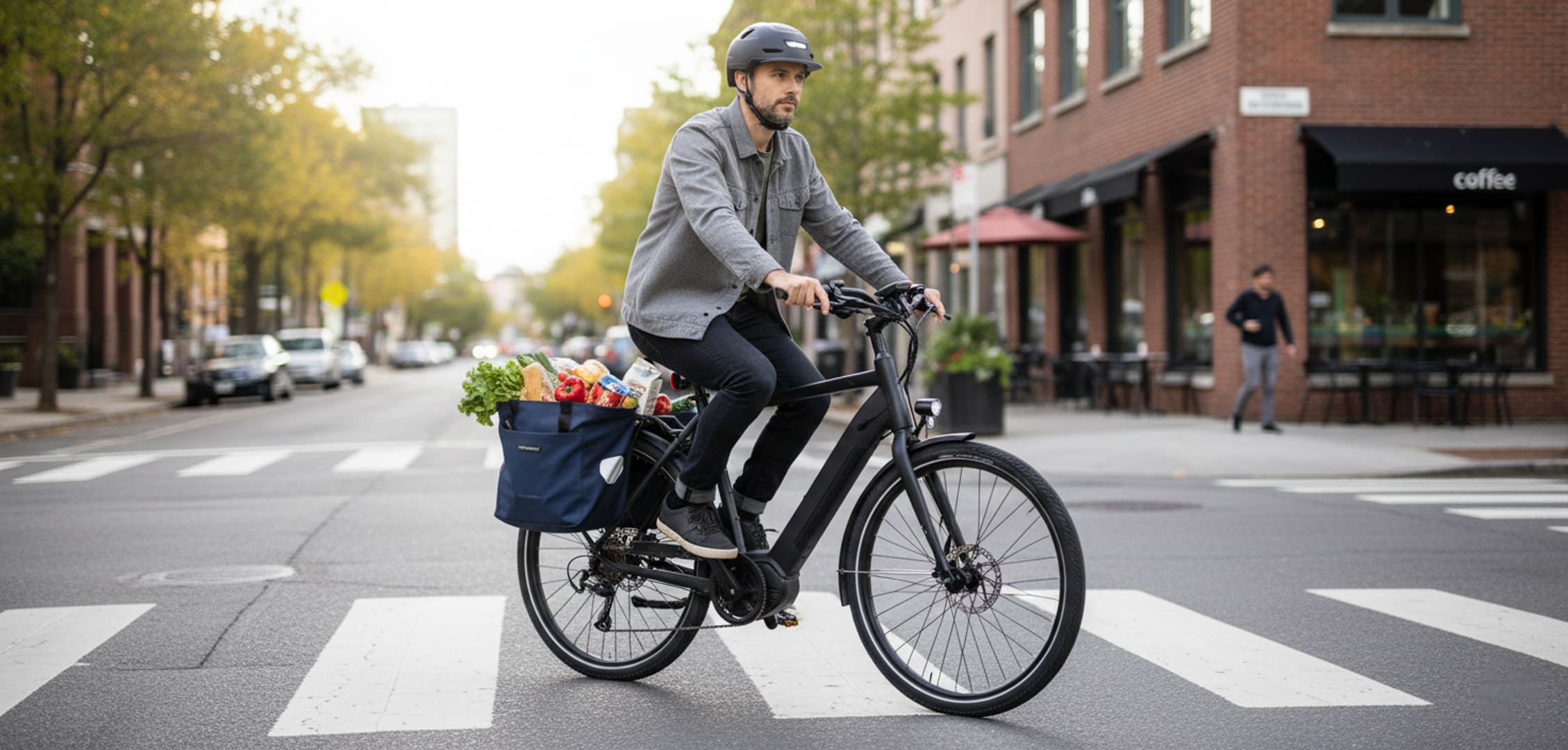 eBike Rider Wearing the XNITO Helmer and Carrying Groceries with Low Rear Panniers Demonstrating Stable Load Placement