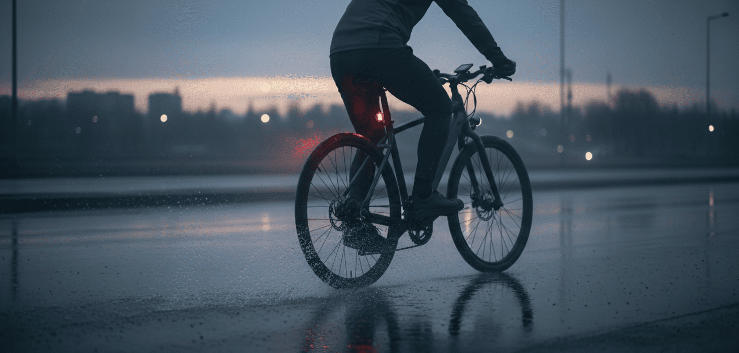 eBike braking on wet pavement at dusk, with visible tire spray and the rear brake light illuminated