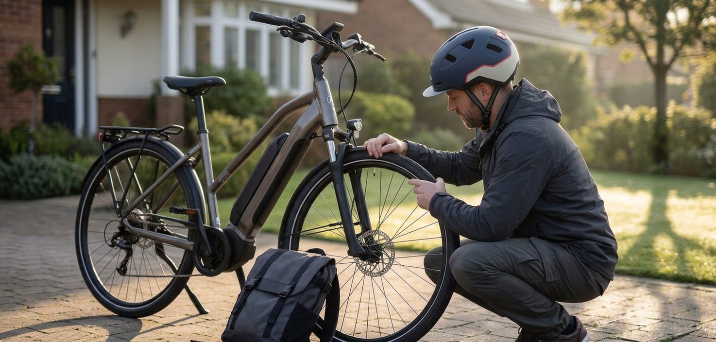 eBike commuter wearing an XNITO helmet doing a quick pre-ride check beside their ebike