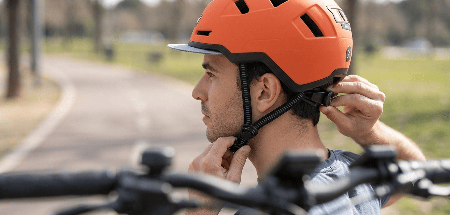 eBike rider adjusting the XNITO helmet straps and rear dial-fit system before riding