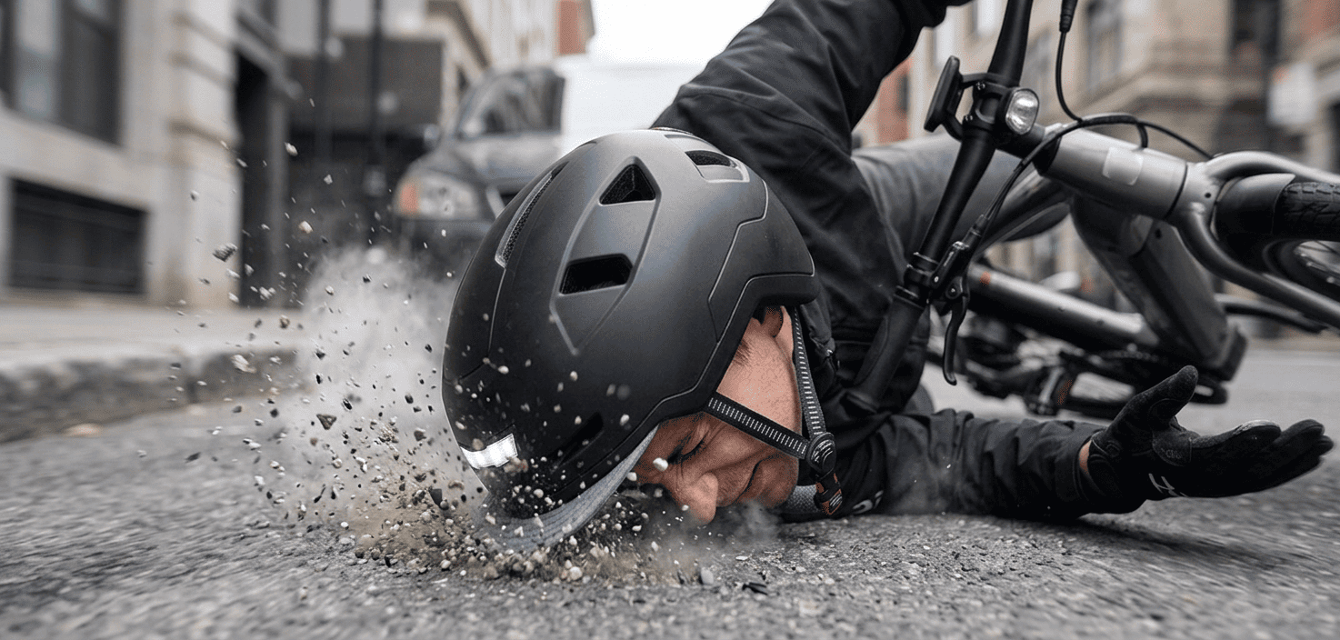 eBike rider during a sudden crash, with the XNITO helmet making contact with the pavement while protecting the rider