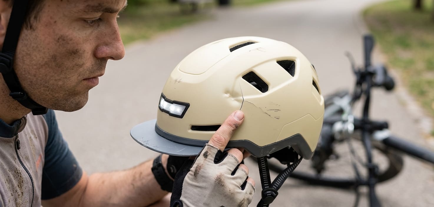 eBike rider examining their XNITO helmet after a crash