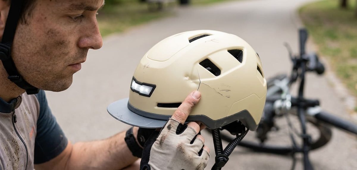 eBike rider examining their XNITO helmet after a crash