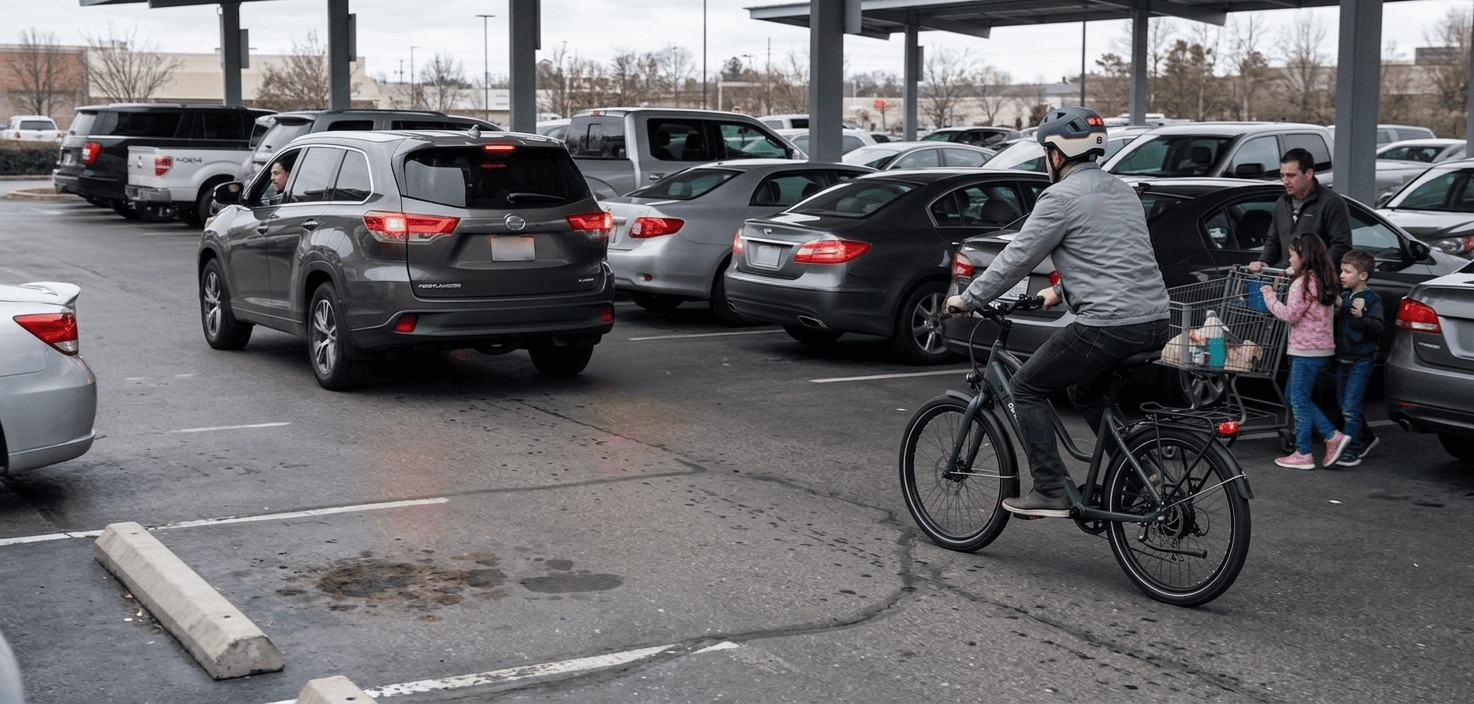 eBike rider moving slowly past parked cars in a parking lot while wearing an XNITO helmet