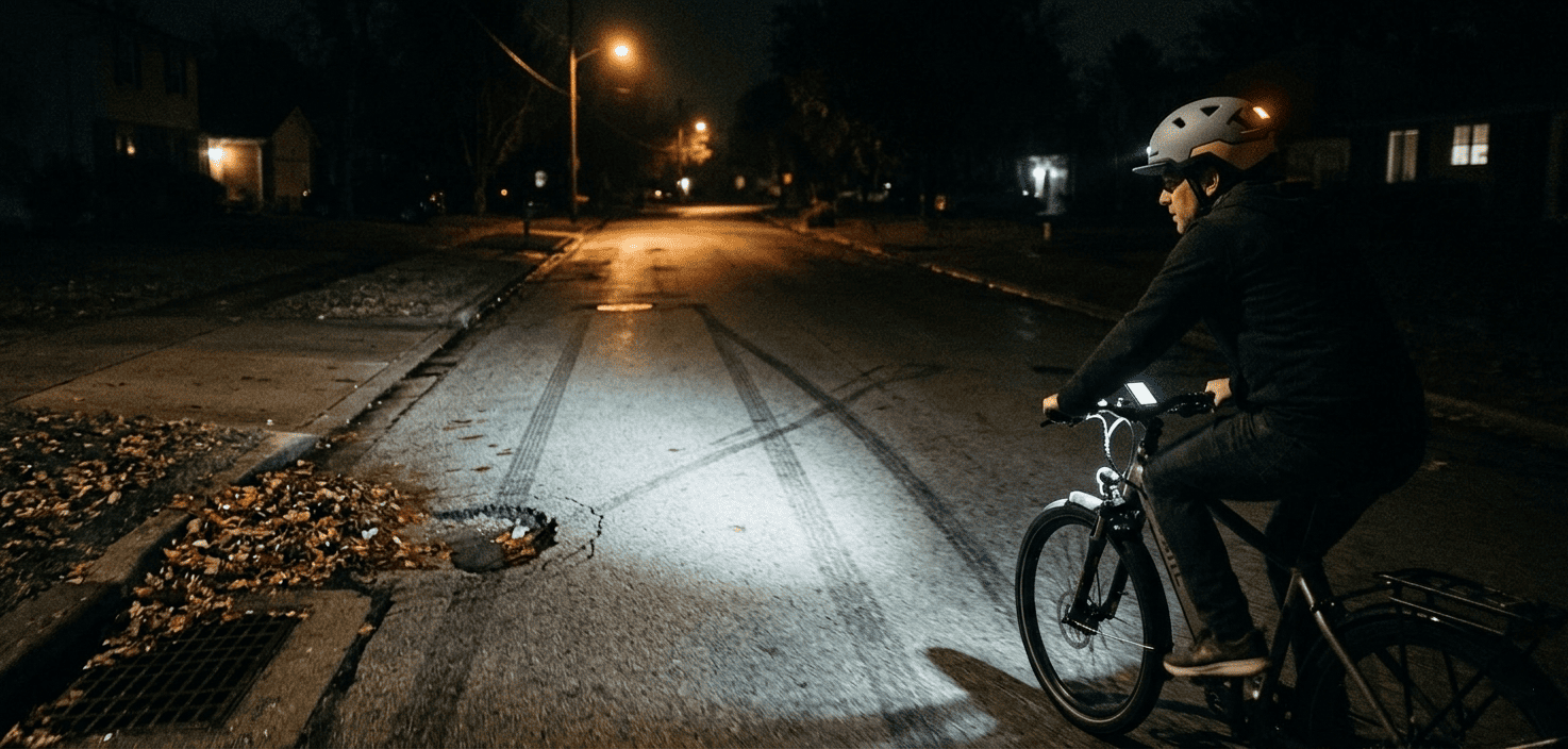 eBike rider on a dimly lit street, with an XNITO helmet illuminating only part of the road