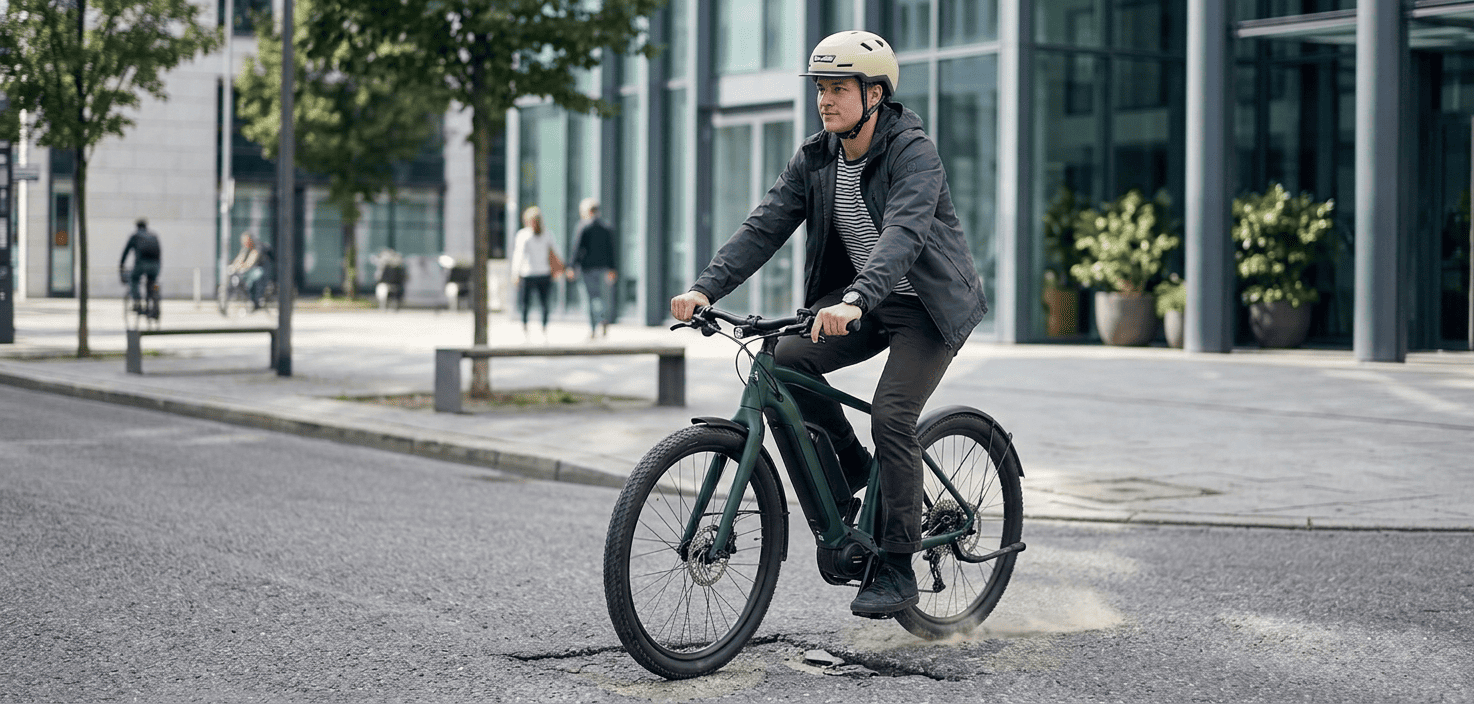 eBike rider riding confidently on slightly rough pavement wearing an XNITO helmet