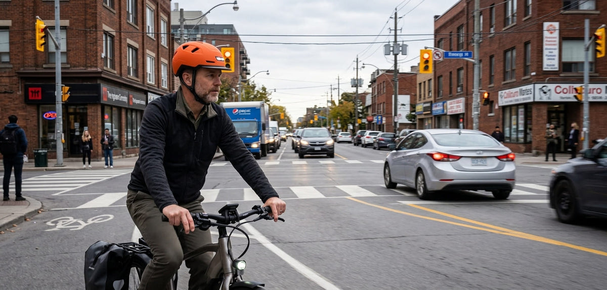 eBike rider wearing an XNITO helmet approaching an intersection with cars nearby