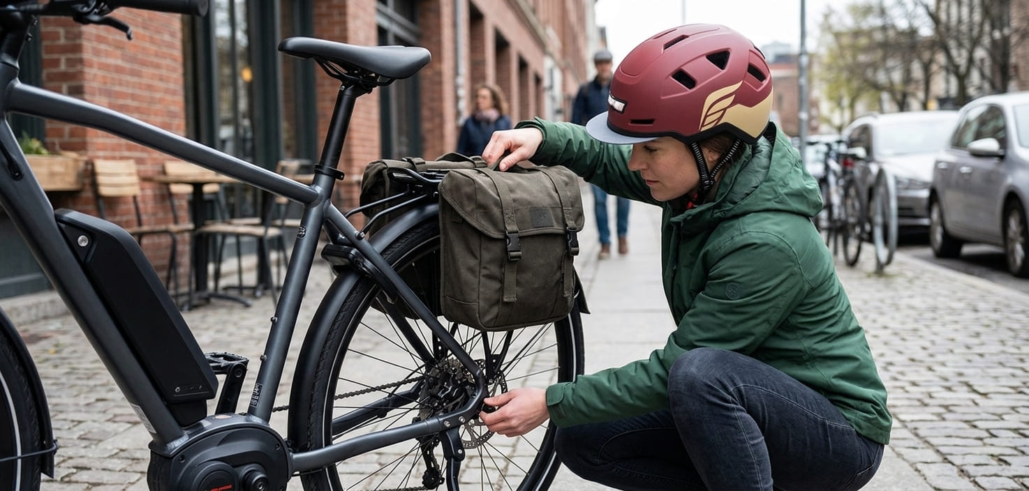 eBike rider wearing an XNITO helmet doing a quick pre-ride safety check beside her eBike