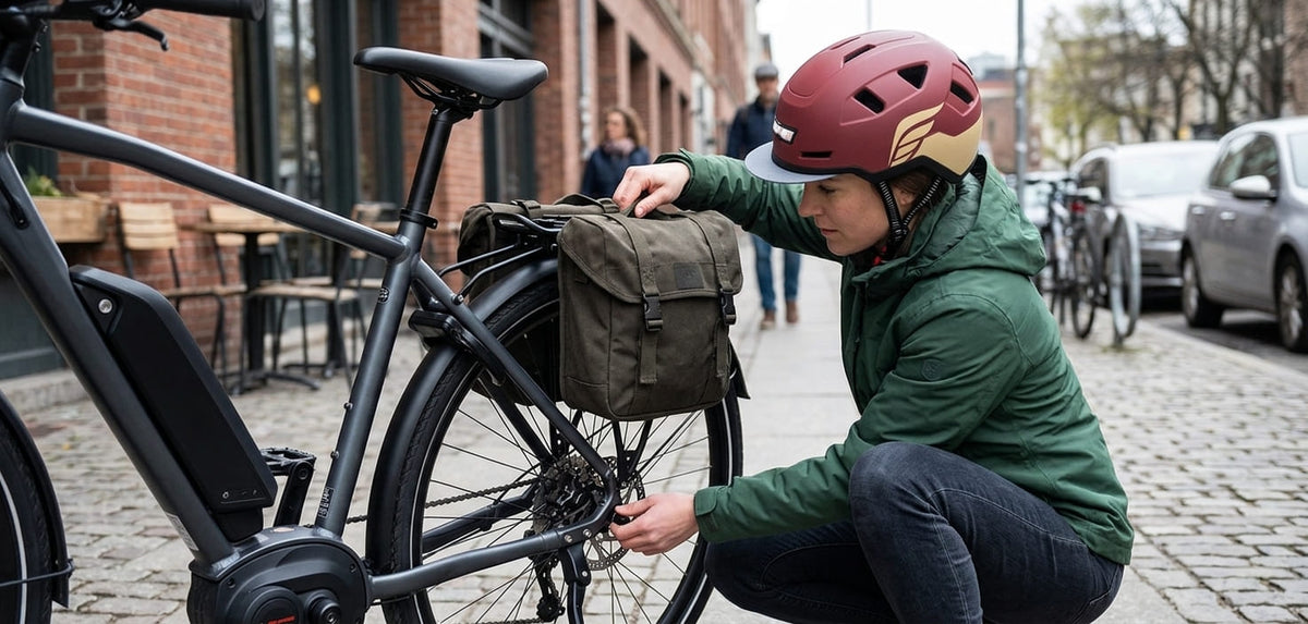 eBike rider wearing an XNITO helmet doing a quick pre-ride safety check beside her eBike