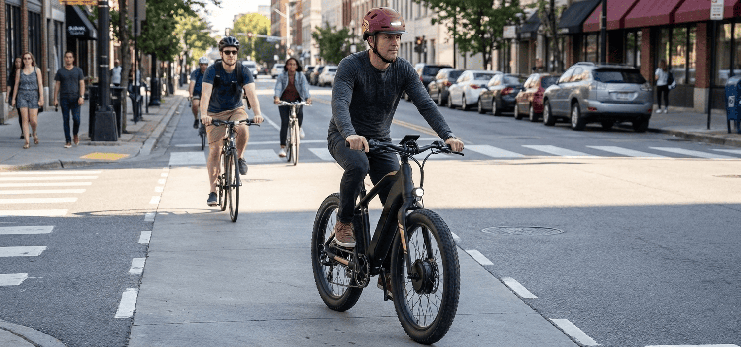 eBike rider wearing an XNITO helmet in a city bike lane near an intersection