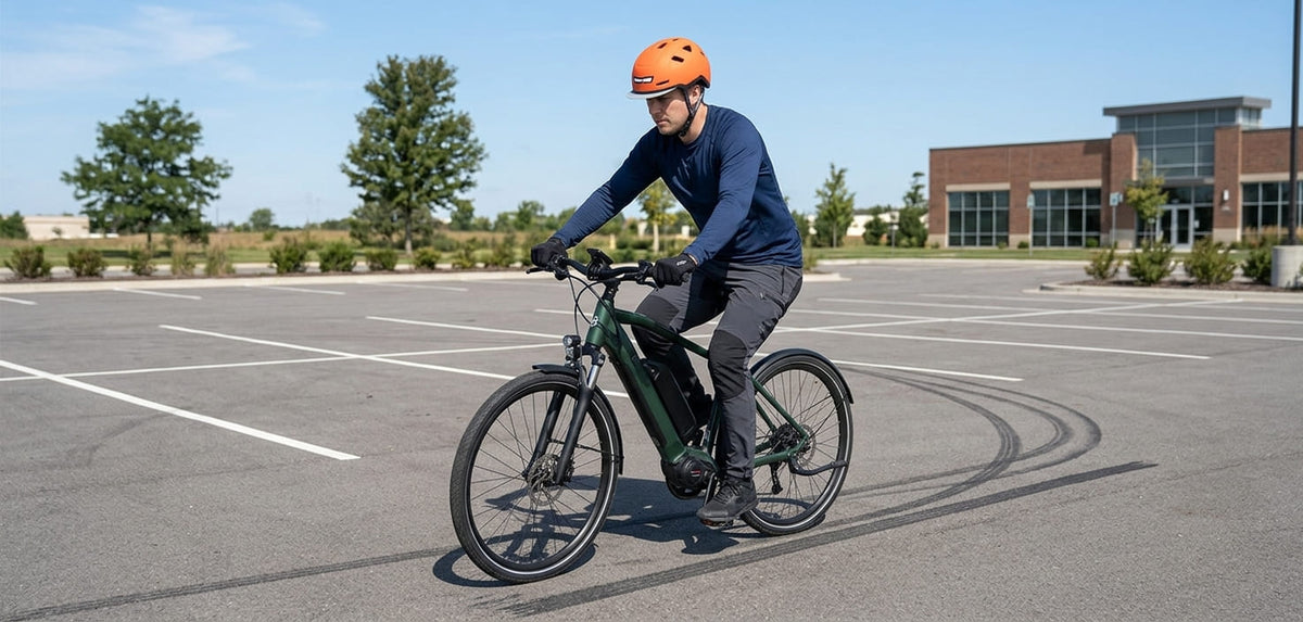eBike rider wearing an XNITO helmet practicing a controlled emergency stop in an empty parking lot