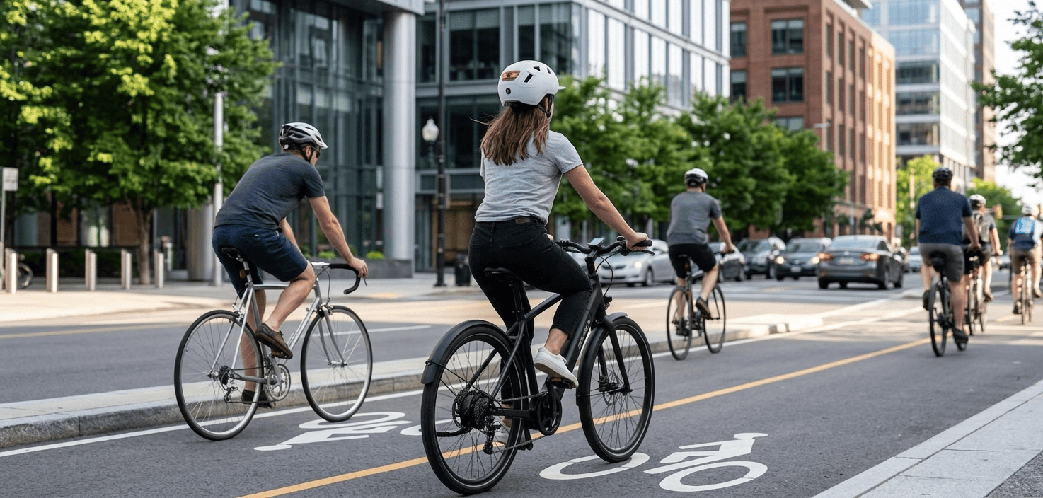 eBike rider wearing an XNITO helmet riding confidently in a bike lane next to regular cyclists