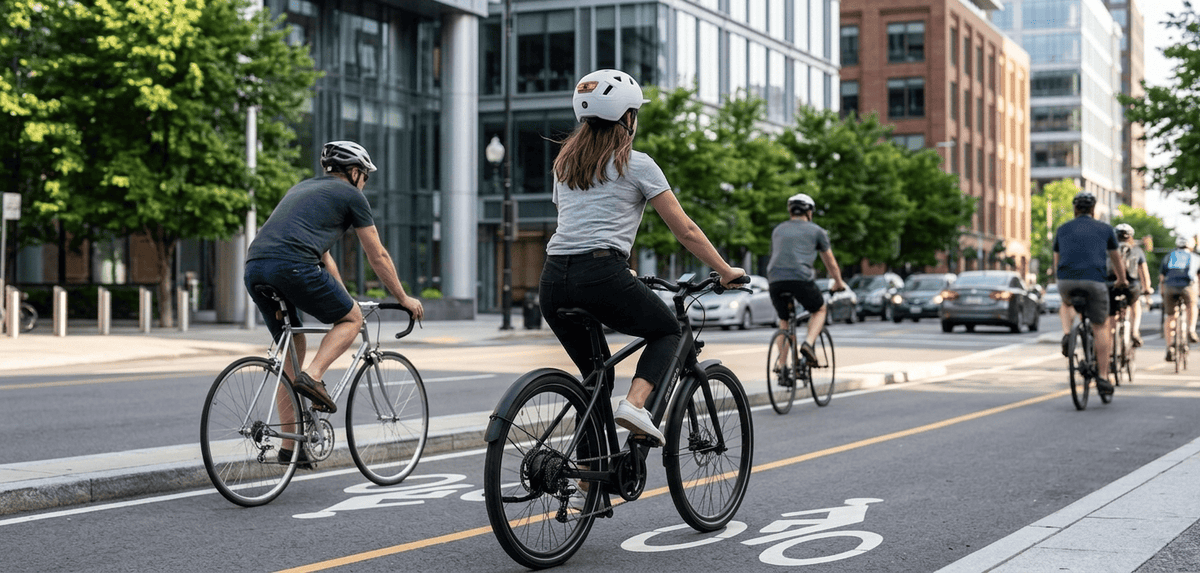 eBike rider wearing an XNITO helmet riding confidently in a bike lane next to regular cyclists