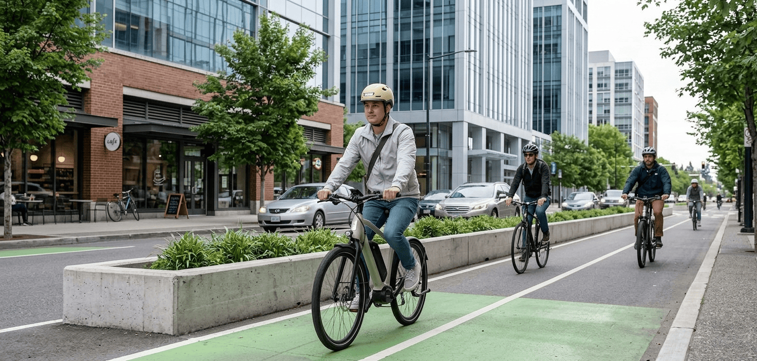 eBike rider wearing an XNITO helmet, riding safely in a protected bike lane with other cyclists nearby