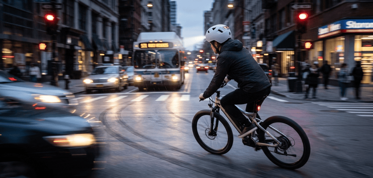 eBike rider wearing an XNITO helmet traveling at high speed toward an urban intersection