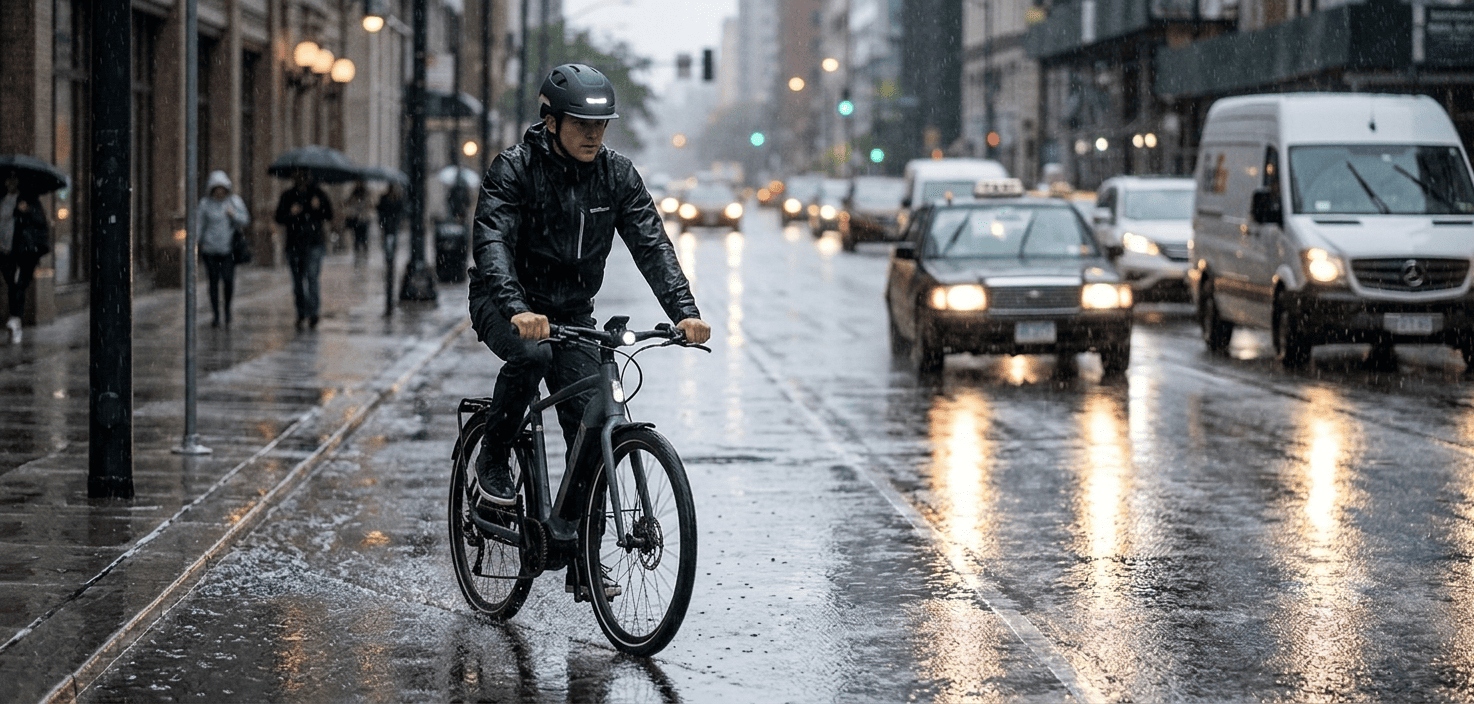 eBike rider wearing an XNITO helmet traveling confidently through light rain while nearby vehicles drive cautiously