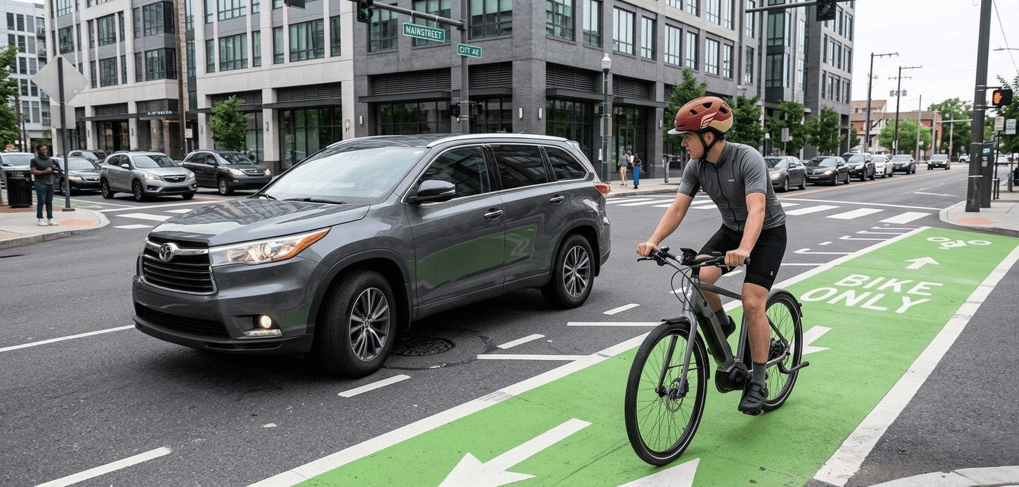 eBike rider wearing an XNITO helmet traveling in a bike lane while a car ahead prepares to turn right