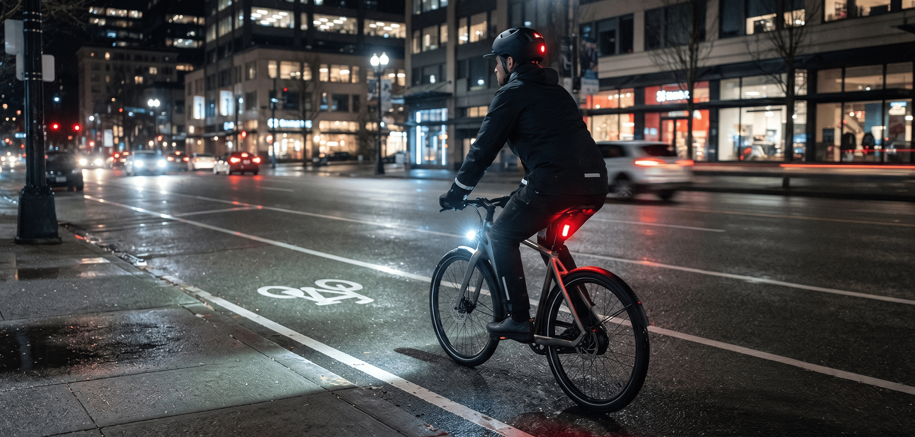 eBike rider with both bike-mounted lights and XNITO helmet lights, riding safely in a bike lane