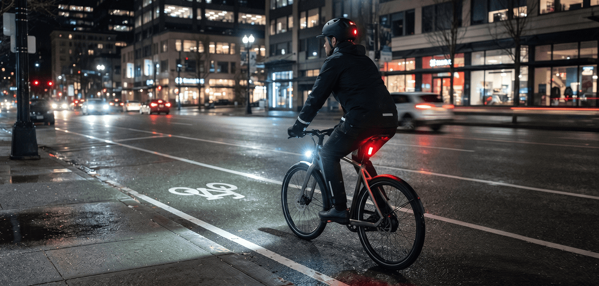 eBike rider with both bike-mounted lights and XNITO helmet lights, riding safely in a bike lane