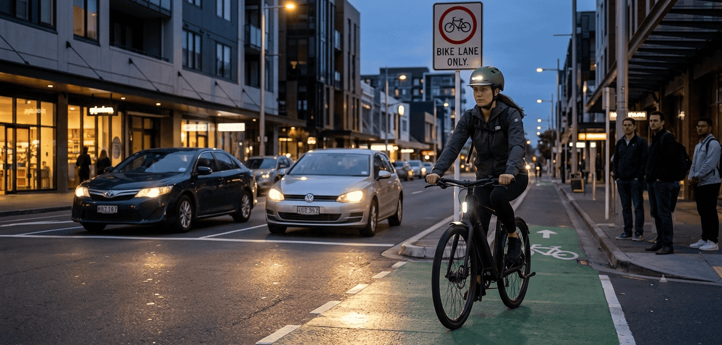 eBike rider with bright front and rear lights wearing an XNITO helmet riding safely in a bike lane while nearby cars clearly notice the rider