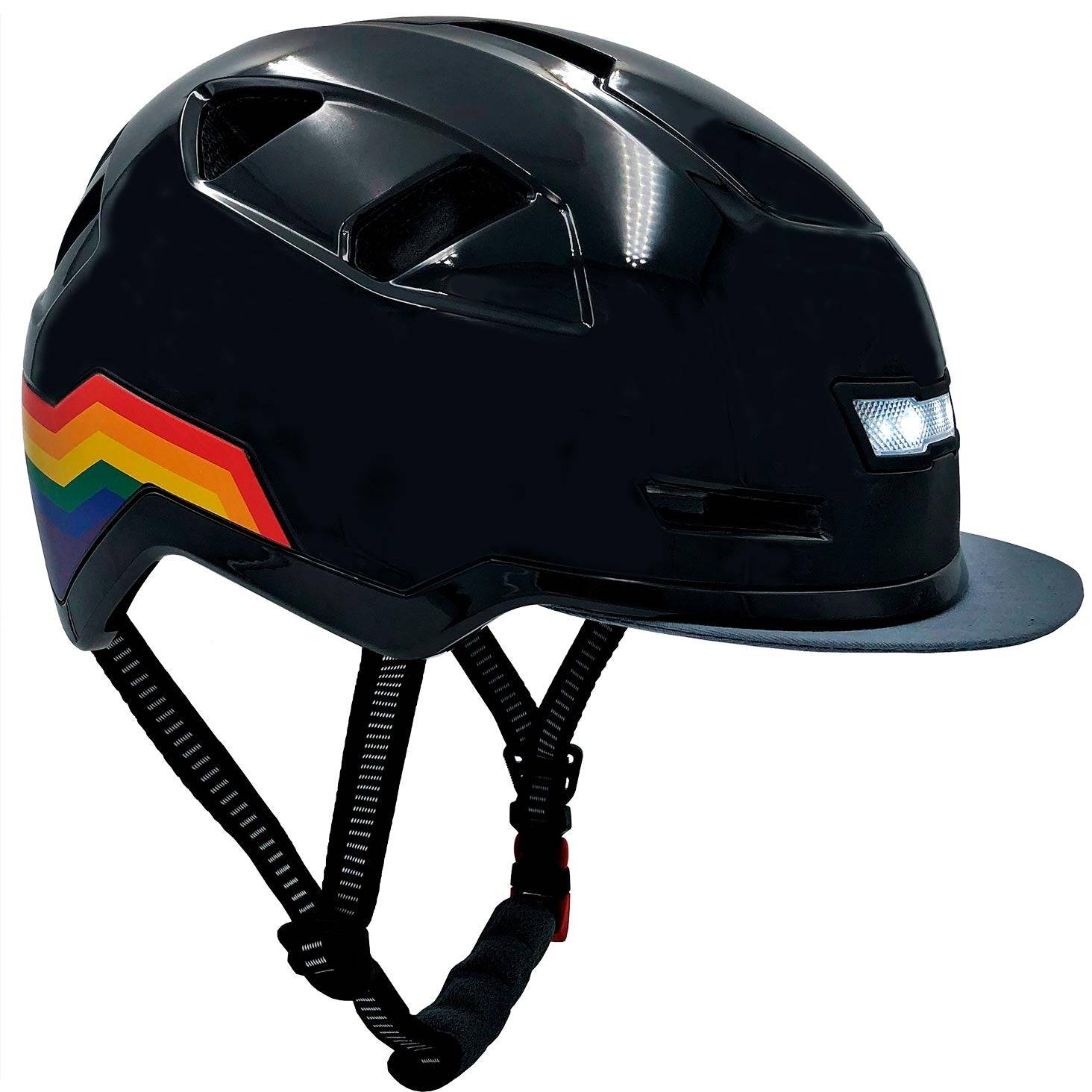 XNITO helmet with rainbow stripes and front light