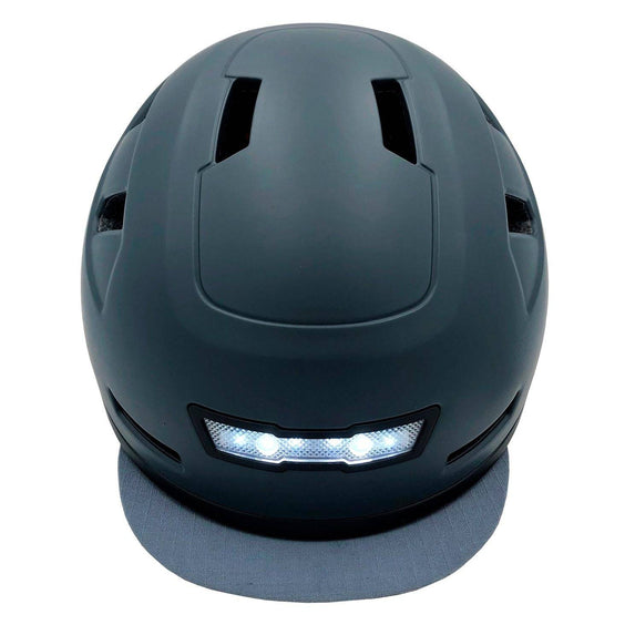 Front view of Urbanite eBike helmet with visor and lights